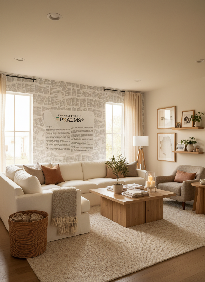 Scripture wall art and a Bible verse in a warm neutral living room — The Bible Mural