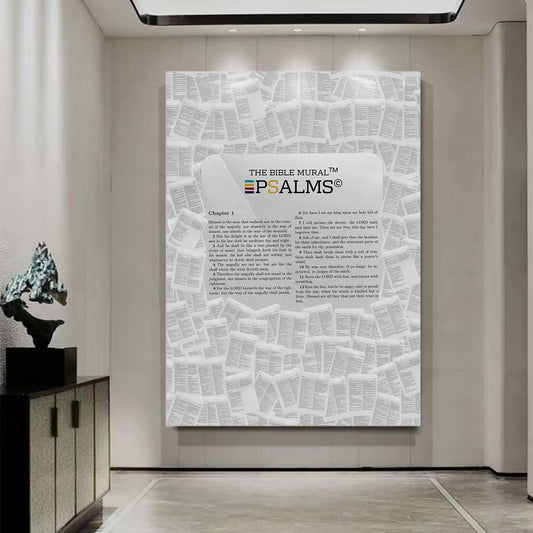 Large wall mural of the Bible's Psalms in a modern interior setting.