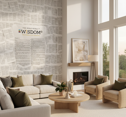 Wisdom peel-and-stick scripture wallpaper in a neutral room — by The Bible Mural